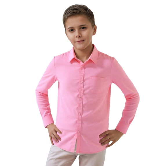 Lullu Boy's Solid Long Sleeve Shirt Unisex Casual Classic Fit Button Up Shirt, Sizes 3-8