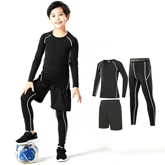 Lullu Boys Athletic Outfits Compression Long Sleeve T-Shirt Shorts Leggings 3Pcs Set, Sizes 2-15