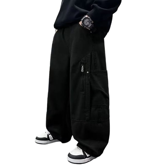 Lullu Boys Baggy Cargo Pants Streetwear Wide Leg Pants Outdoor Hiking Trousers, Black, Sizes 5-14
