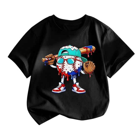 Lullu Boys Baseball Graphic Short Sleeve T Shirt Casual Active T-Shirt Summer Tee, Black