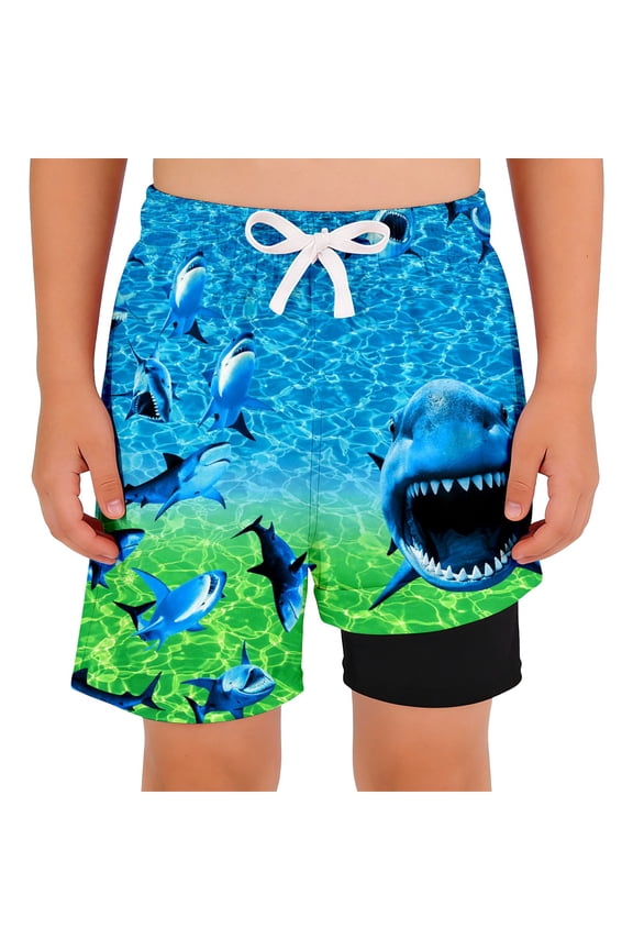 Boys Beach Swim Trunks Stretch Quick-Dry Board Shorts with Shark Print, Sizes 2-14