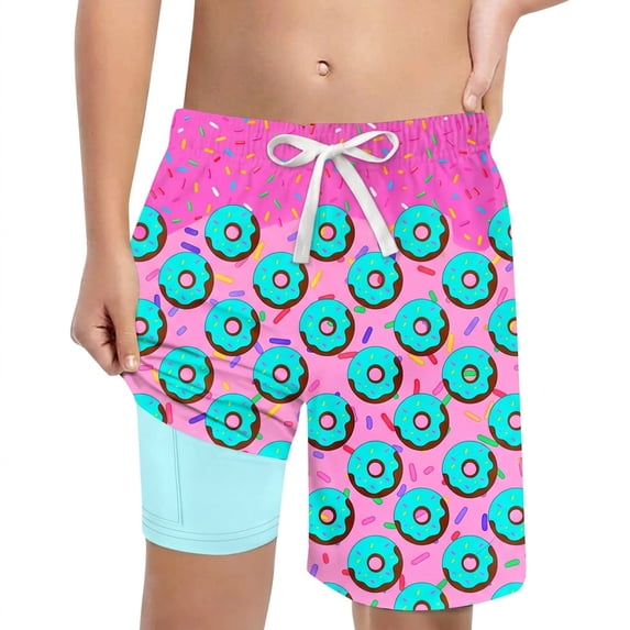 Lullu Boys Beach Swim Trunks with Compression Liner Donut Print Board Shorts, Sizes 2-3