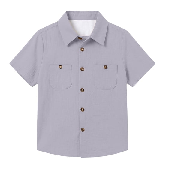 Lullu Boys Cotton Linen Short Sleeve Shirt Solid Button-Down Pocket Shirt Top, Sizes 5-14