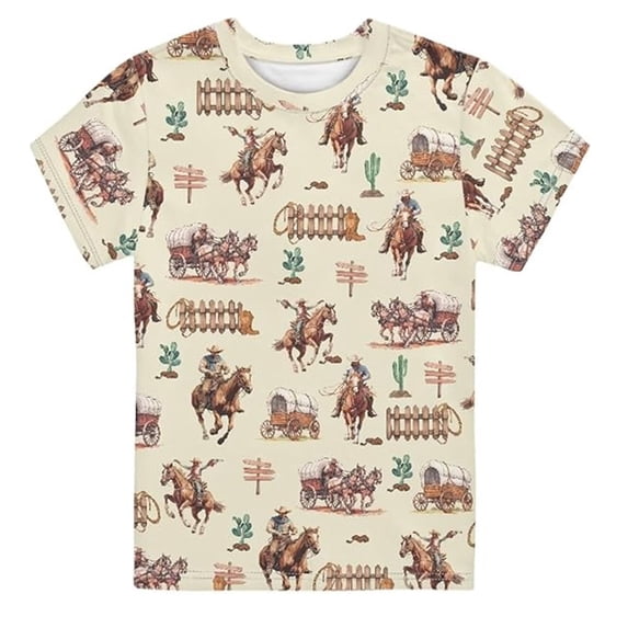 Lullu Boys Cowboy Print T-Shirt Round Neck Short Sleeve T Shirt Summer Tee Top, Sizes 1-13