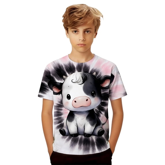 Lullu Boys Cute Cow Print Tie Dyed Tee Casual Short Sleeve Crew Neck T Shirt, Sizes 1-13