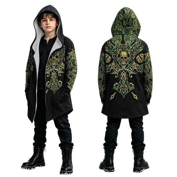 Lullu Boys Halloween Cardigan Coat Open Front Hoodie Graphic Long Jacket Outerwear, Black