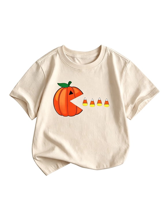Boys Halloween Pumpkin T Shirt Short Sleeve Crew Neck Tshirt, Beige, Sizes 2-13