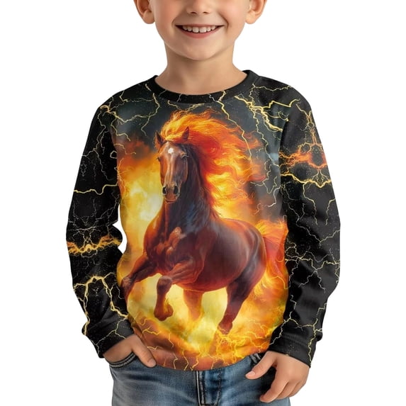 Lullu Boys Horse Print Long Sleeve T-Shirt Casual Crew Neck Everyday T Shirt, Sizes 3-14