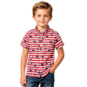 Lullu Boys Independence Day Button Down Shirt Star Striped Short Sleeve Shirt, Sizes 2-14