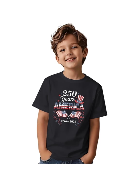 Boys Independence Day Short Sleeve T-Shirt USA 250th Anniversary Tee Top, Sizes 1-13