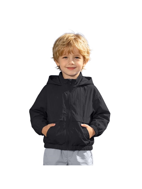 Boys Lightweight Windbreaker Outdoor Camping Hiking Zipper Hooded Jacket Outerwear, Black