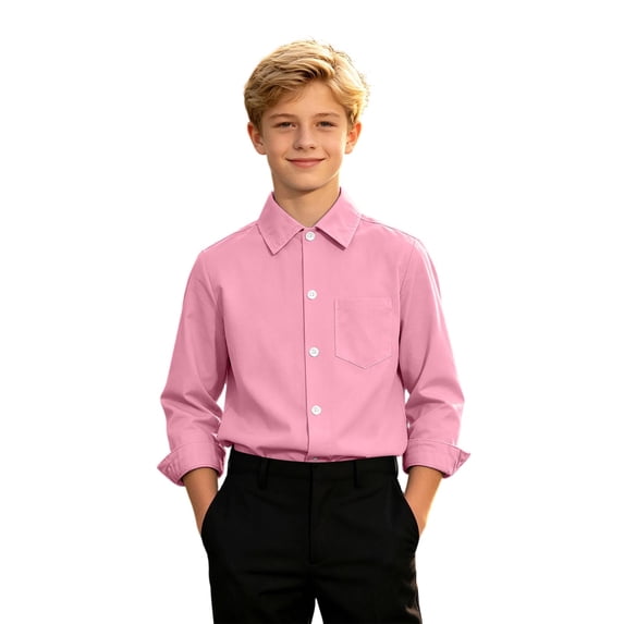 Lullu Boys Long Sleeve Button Down Shirt Casual Solid Basic Pocket Shirts Unisex Top, Pink