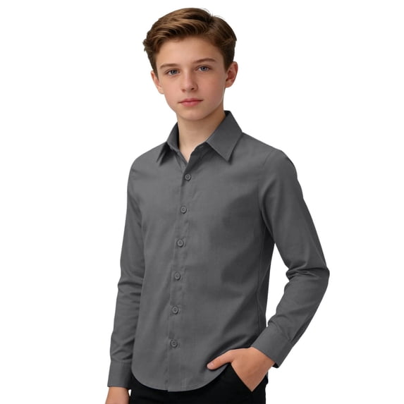 Lullu Boys Long Sleeve Button Down Shirt Casual Solid Classic Fit Shirt Top, Sizes 5-16