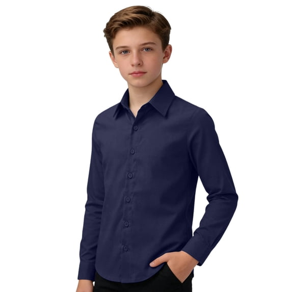 Lullu Boys Long Sleeve Button Down Shirt Casual Solid Classic Fit Shirt Top, Sizes 5-16