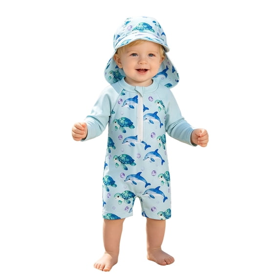 Lullu Boys Long Sleeve Rash Guard One-Piece Swimsuit with Hat Bathing Suits, Sizes 3M-3T