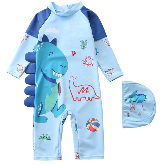 Lullu Boys Long Sleeve Rash Guard One-Piece Swimsuit with Swim Cap, 2-Piece, Sizes 2-12
