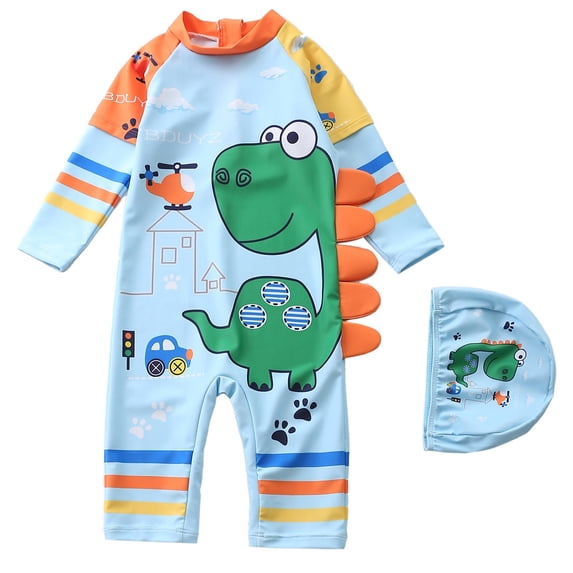 Lullu Boys Long Sleeve Rash Guard One-Piece Swimsuit with Swim Cap, 2-Piece, Sizes 2-12