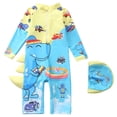 thumbnail image 1 of Lullu Boys Long Sleeve Rash Guard One-Piece Swimsuit with Swim Cap, 2-Piece, Sizes 2-12, 1 of 3