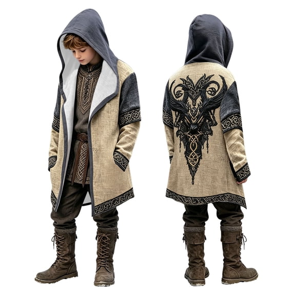 Lullu Boys Norse Long Cape Coat Kids Outerwear Hooded Cloak, Khaki, Sizes 2-15