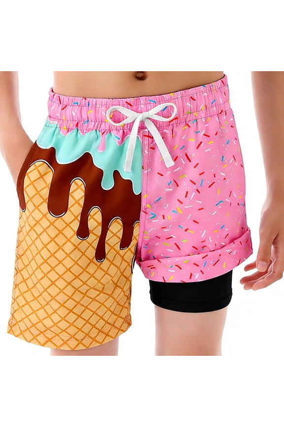 Boys Quick-Dry Swim Trunks with Compression Liner Ice-Cream Print Swimming Shorts, Sizes 2-14