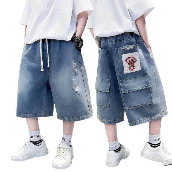 Lullu Boys Ripped Denim Shorts Elastic Waist Knee-Length Jean Shorts, Sizes 4-14