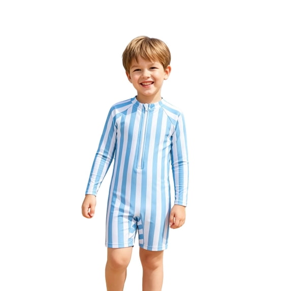 Lullu Boys Striped Half Zip Long Sleeve Rashguard 1-Piece Swimsuit Surfing Suit, Sizes 3-7