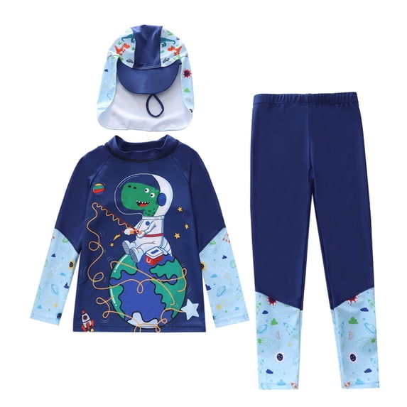 Lullu Boys Swimsuits UPF 50+ Long Sleeve Rash Guard Swim Pants Hat Bathing Suit, 3-Piece, Sizes 3-12