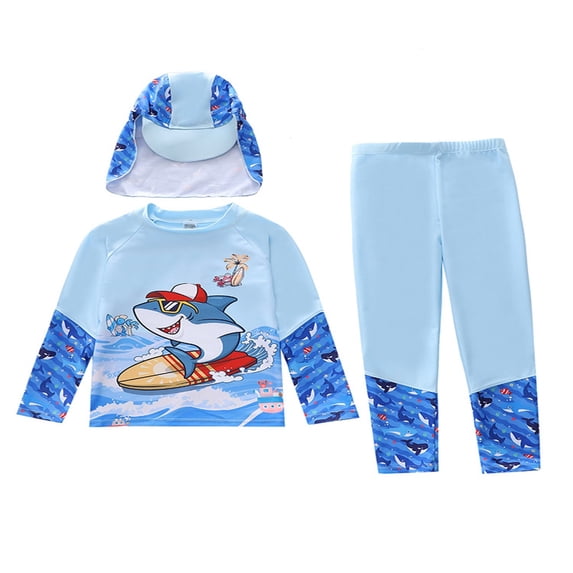 Lullu Boys Swimsuits UPF 50+ Long Sleeve Rash Guard Swim Pants Hat Bathing Suit, 3-Piece, Sizes 3-12
