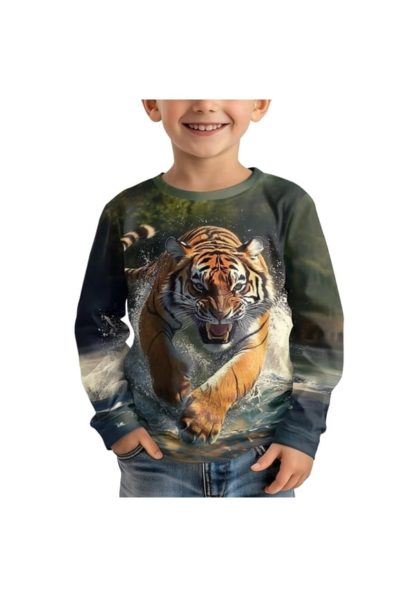 Boys Tiger Print Long Sleeve T Shirt Graphic Tee Casual Crewneck T-Shirt, Sizes 3-14