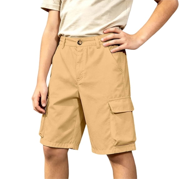 Lullu Boys Twill Cargo Shorts Active Stretch Summer Shorts with Pockets, Khaki, Sizes 4-14