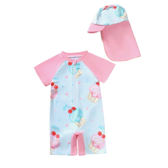 Lullu Boys UPF 50+ Short Sleeve Rashguard One-Piece Swimsuit with Hat Swimwear, Sizes 0-4T