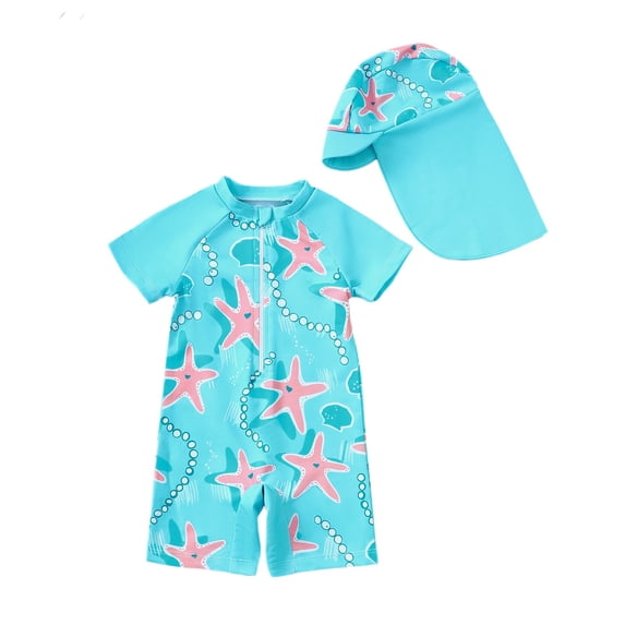 Lullu Boys UPF 50+ Short Sleeve Rashguard One-Piece Swimsuit with Hat Swimwear, Sizes 0-4T