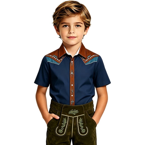 Lullu Boys Western Cowboy Shirt Kids Short Sleeve Button Down Shirt, Navy, Sizes 3-14