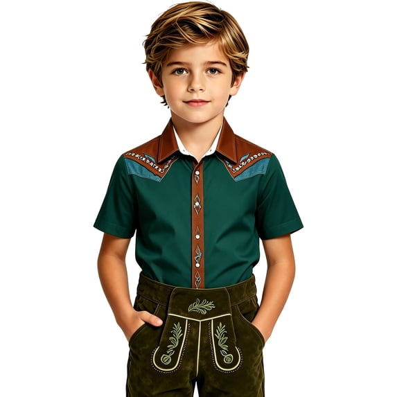 Lullu Boys Western Cowboy Shirt Kids Short Sleeve Button Down Shirt, Sizes 3-14
