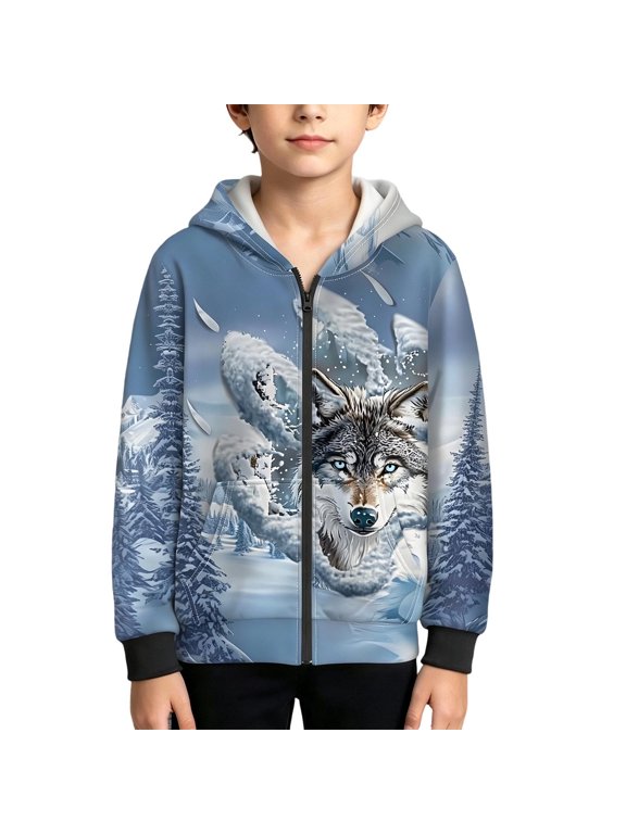 Boys Zip Up Hoodie Fall Winter Wolf Graphic Long Sleeve Hooded Sweatshirt,Sizes 5-14
