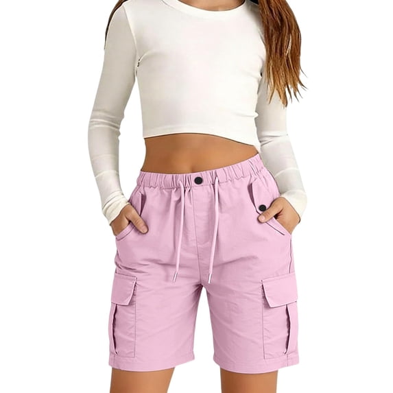 Lullu Cargo Shorts for Girls Athletic Pull on Drawstring Utility Shorts, Pink, Sizes 2-15