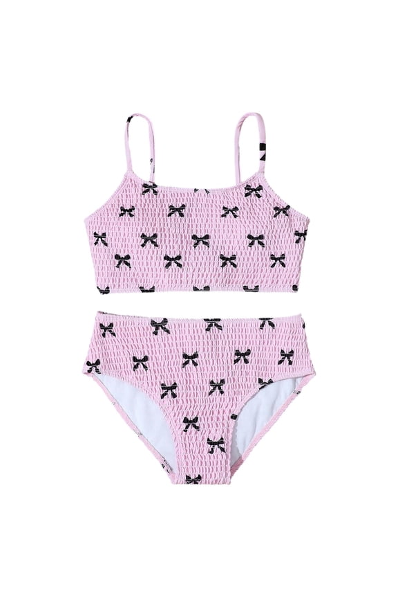 Girl's 2-Piece Swimsuit Bow Print Stretch Bikini Set Beach Bathing Suits, Sizes 8-13