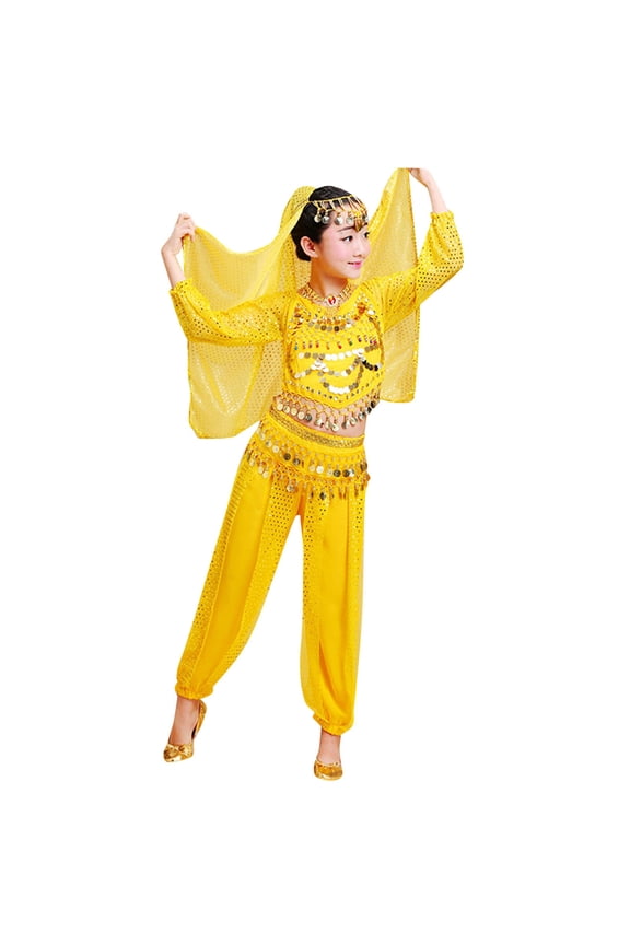 Girl's Belly Dance Outfits Sequins Crop Top Mesh Pants Performance Sets, Sizes 3-12