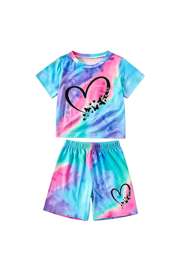 Girl's Summer Clothes Set Heart Print Short Sleeve T Shirt Shorts Set, Sizes 2-13