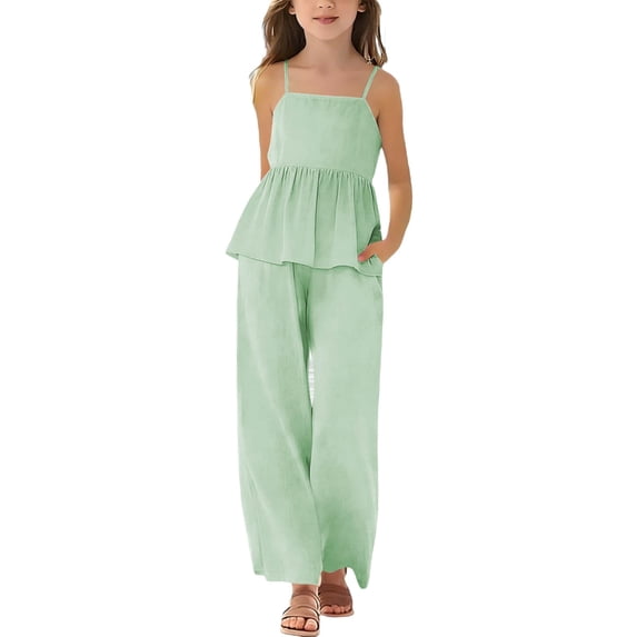 Lullu Girl's Summer Outfits Beach Spaghetti Strap Camisole Palazzo Pants Set, Sizes 4-14