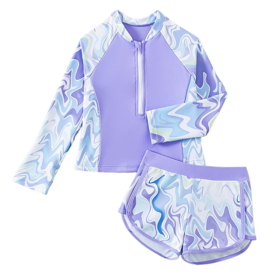 Lullu Girls 2-Piece Swimsuit Long Sleeve Half Zip Rash Guard Boyshorts with UPF50+