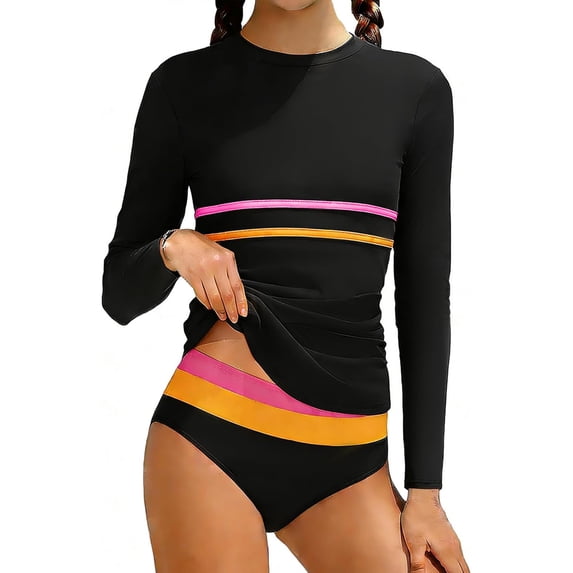 Lullu Girls 2-Piece Swimsuit Long Sleeve Rash Guard Bathing Suit with UPF50+, Sizes 7-16