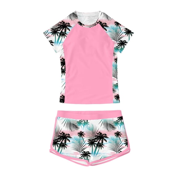 Lullu Girls 2-Piece Swimsuit Short Sleeve Rash Guard Swim Trunks Bathing Suit, Sizes 7-14