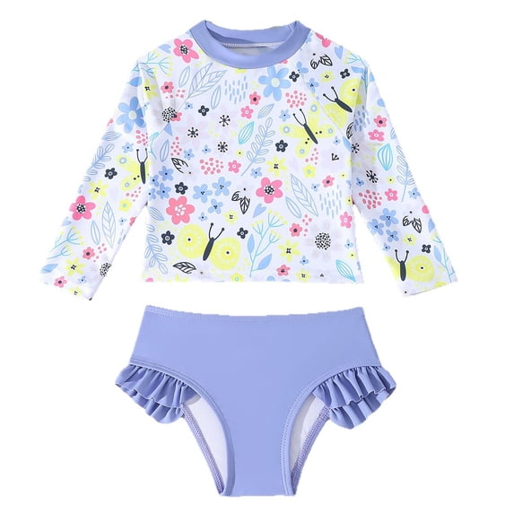 Lullu Girls 2-Piece Swimsuit UPF 50+ Long Sleeve Rash Guard Ruffle Bathing Suit, Sizes 4-8