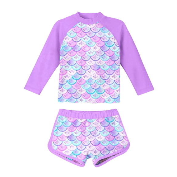 Lullu Girls 2-Piece Swimsuit UPF 50+ Scale Print Long Sleeve Rash Guard Shorts