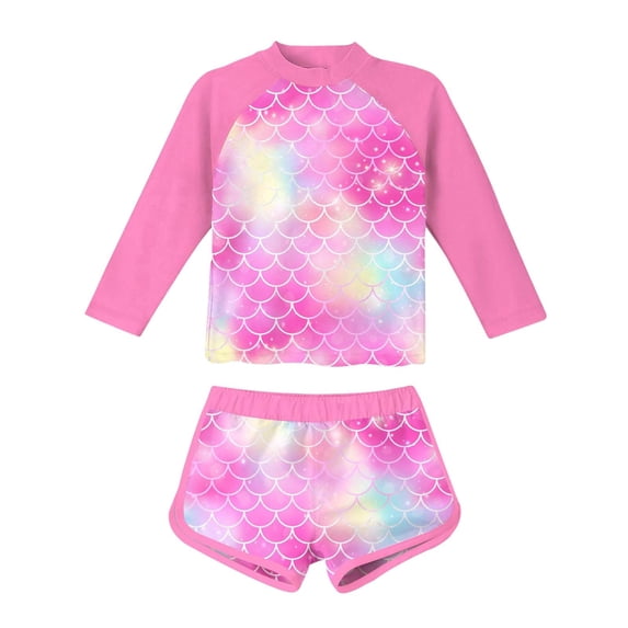 Lullu Girls 2-Piece Swimsuit UPF 50+ Scale Print Long Sleeve Rash Guard Shorts