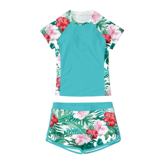 Lullu Girls 2 Piece Swimsuit UPF 50+ Short Sleeve Rash Guard and Swim Trunks, Sizes 7-14
