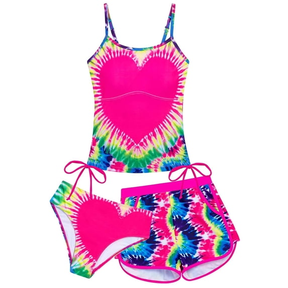 Lullu Girls 3-Piece Swimsuit Tie Dyed Tankini Set with Boyshorts Bathing Suit, Sizes 7-16