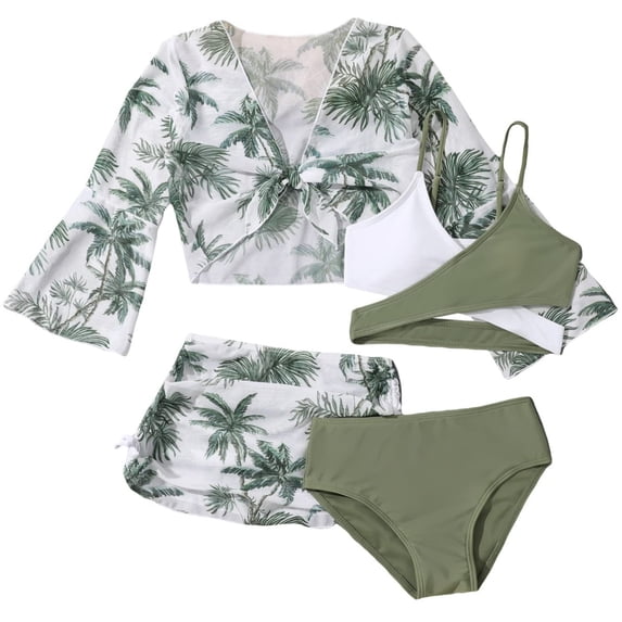 Lullu Girls 4-Piece Swimsuit Bikini Set with Coconut Tree Print Cover-Ups Bathing Suit, Sizes 7-14