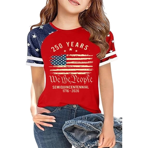 Lullu Girls 4Th of July T-Shirt America's 250Th Anniversary Short Sleeve Tee, Sizes 1-13